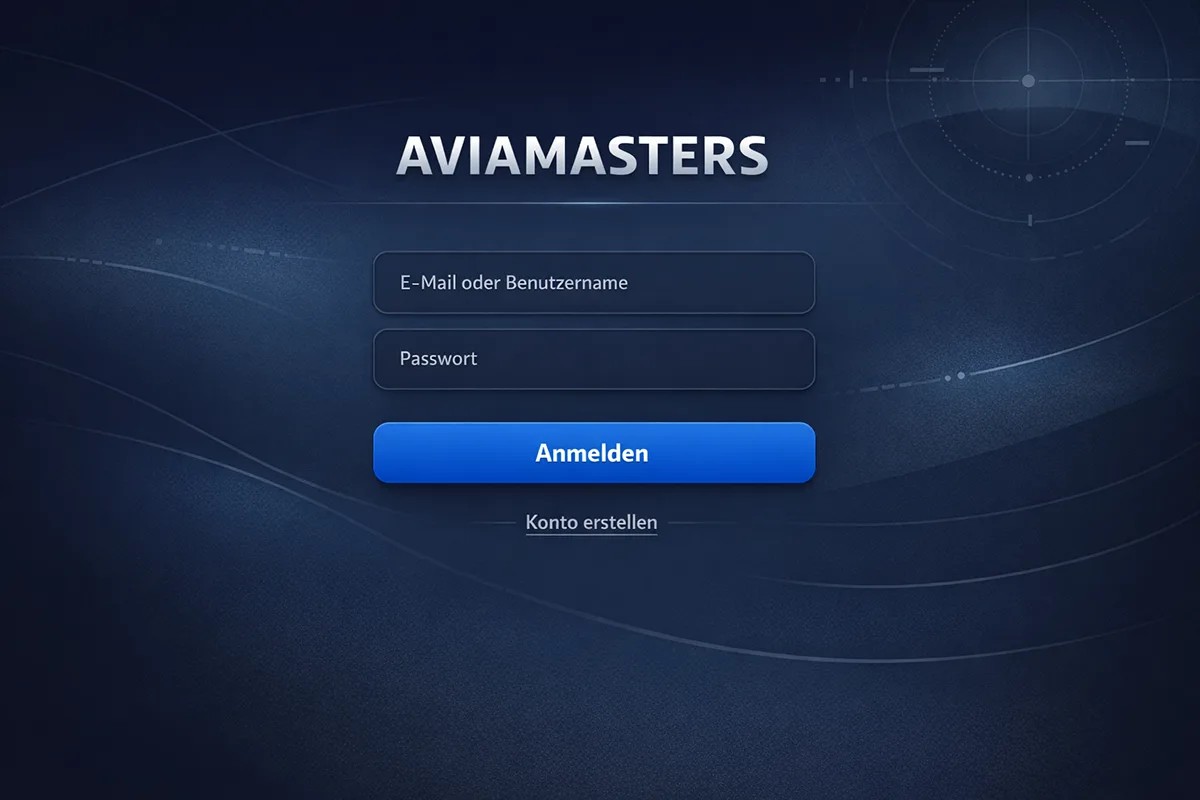 Aviamasters login screen in German with a blue futuristic interface, featuring fields for email or username and password, a prominent blue “Anmelden” (Log In) button, and a link to create an account on an aviation-inspired background.